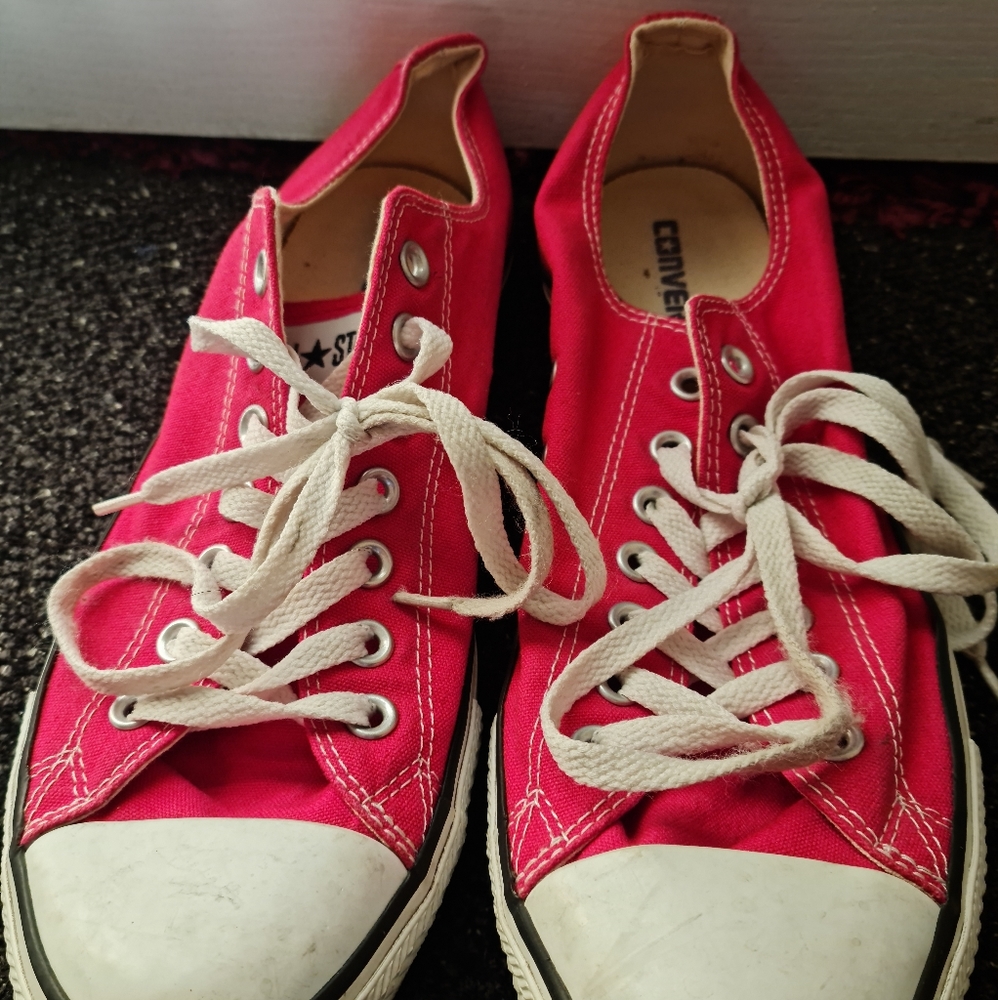 Converse red All Stars, slightly worn, men's size 10, women's 12